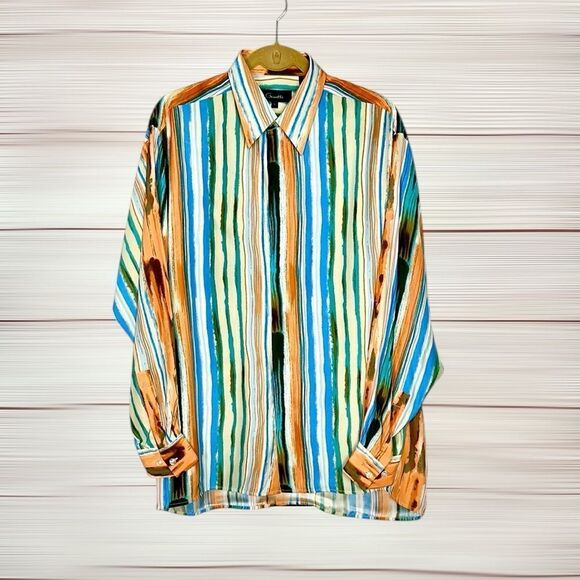 Genelli Silk Shirt Button Up Long Sleeve Colorful Striped Men’s L Vintage - Picture 1 of 10